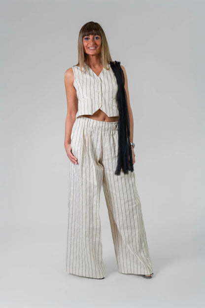 PANTALONE GESSATO PANNA RIGA NERA LUREX