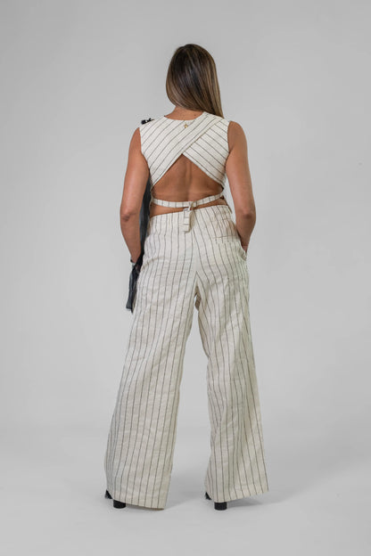 PANTALONE GESSATO PANNA RIGA NERA LUREX